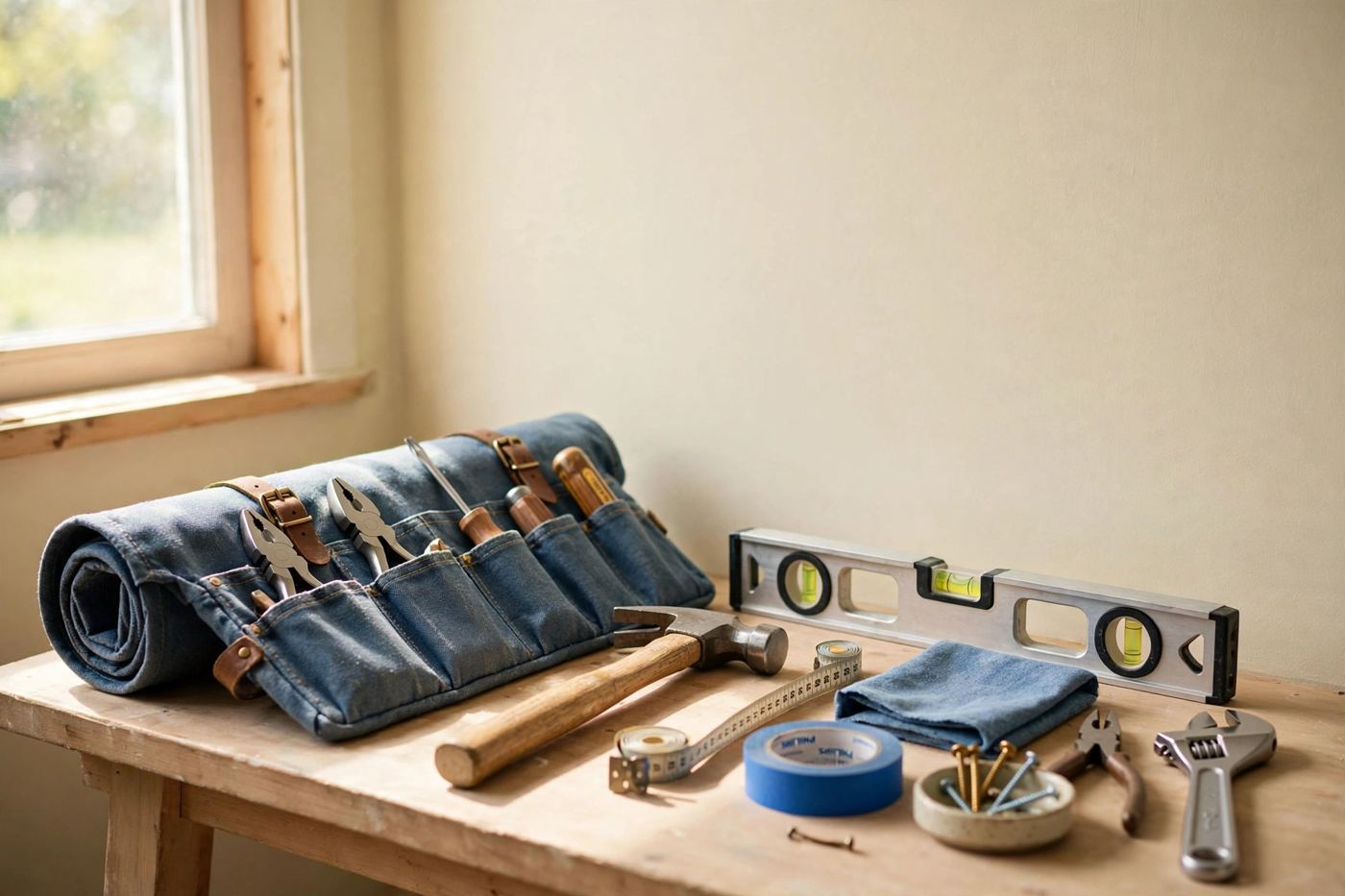 A tidy handyman workbench with a tool roll, hand tools, and a spirit level