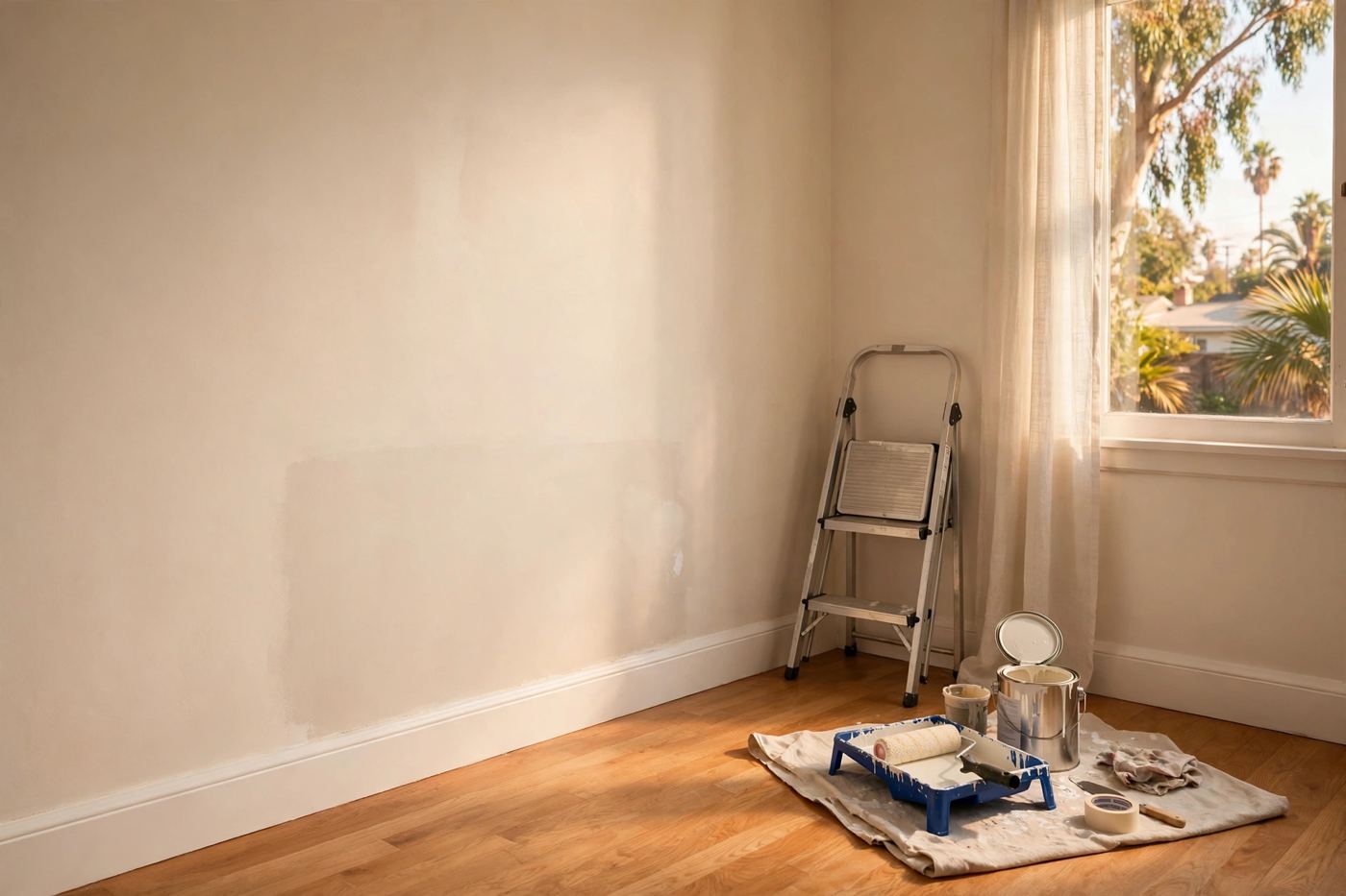 A freshly repaired and painted room corner with new baseboard